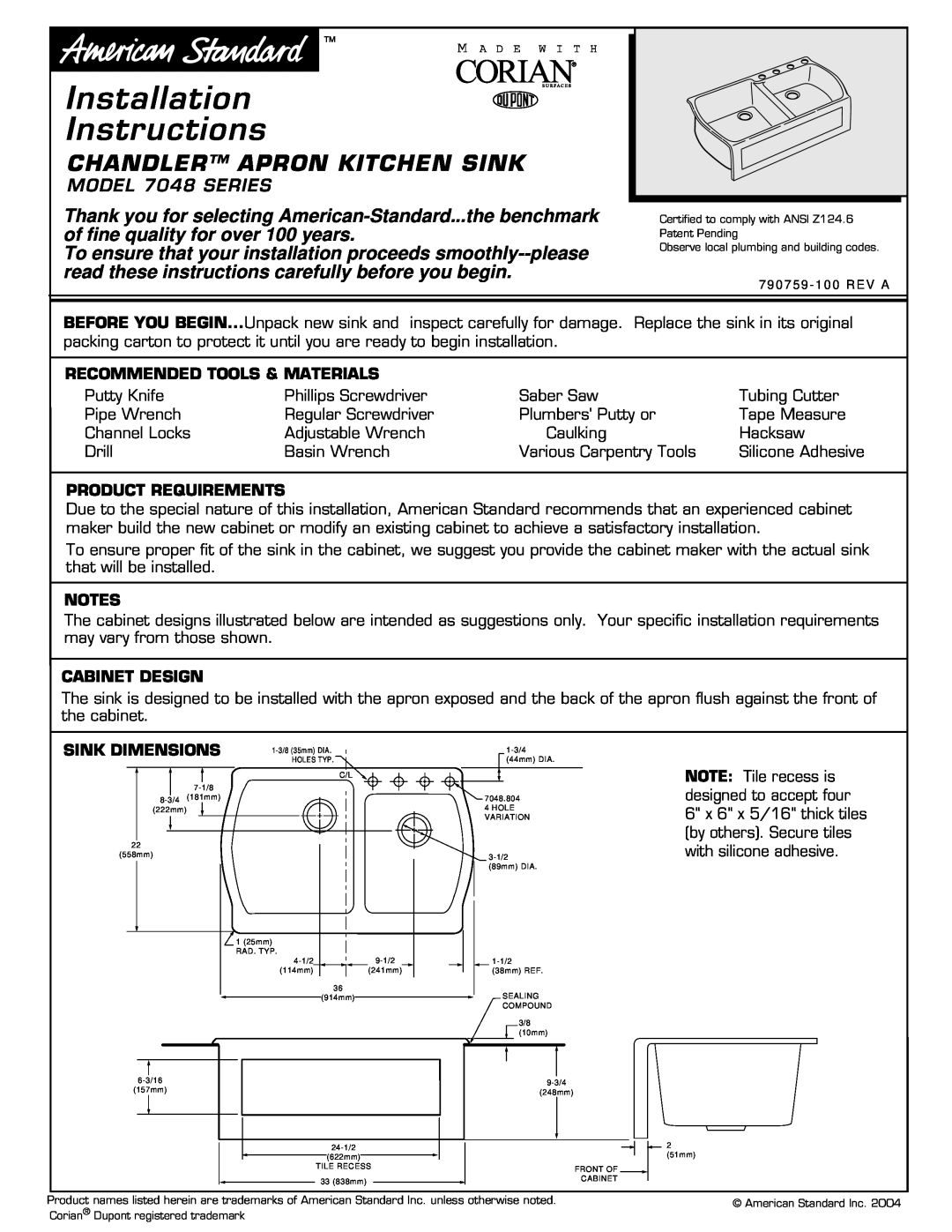 American Standard 7048 Series installation instructions Installation Instructions, Chandler Apron Kitchen Sink 