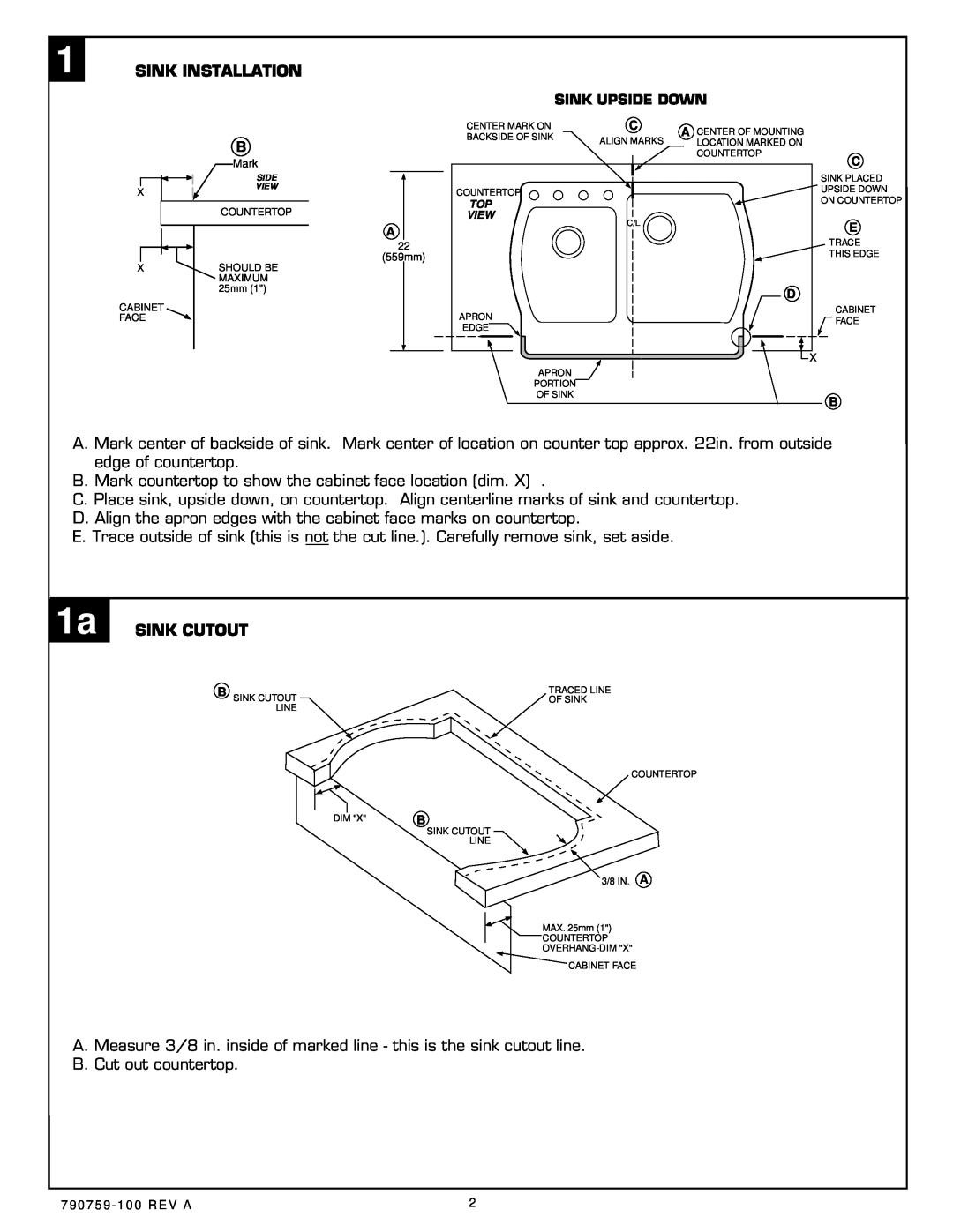 American Standard 7048 Series installation instructions Sink Installation, 1a SINK CUTOUT 