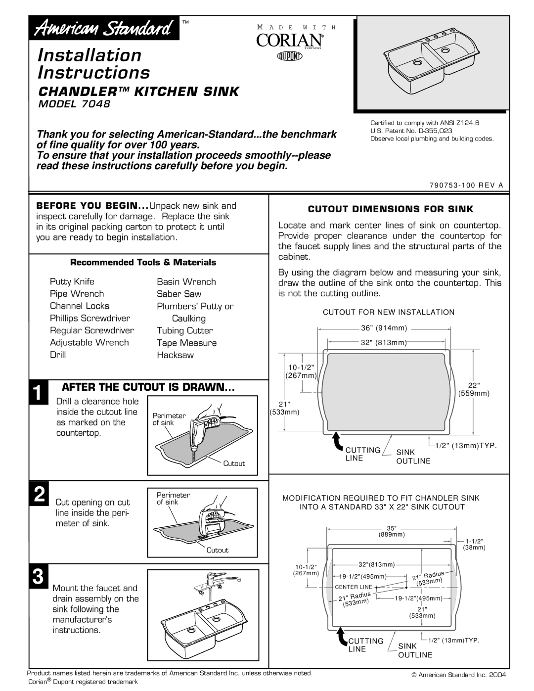 American Standard 7048 installation instructions Installation Instructions 