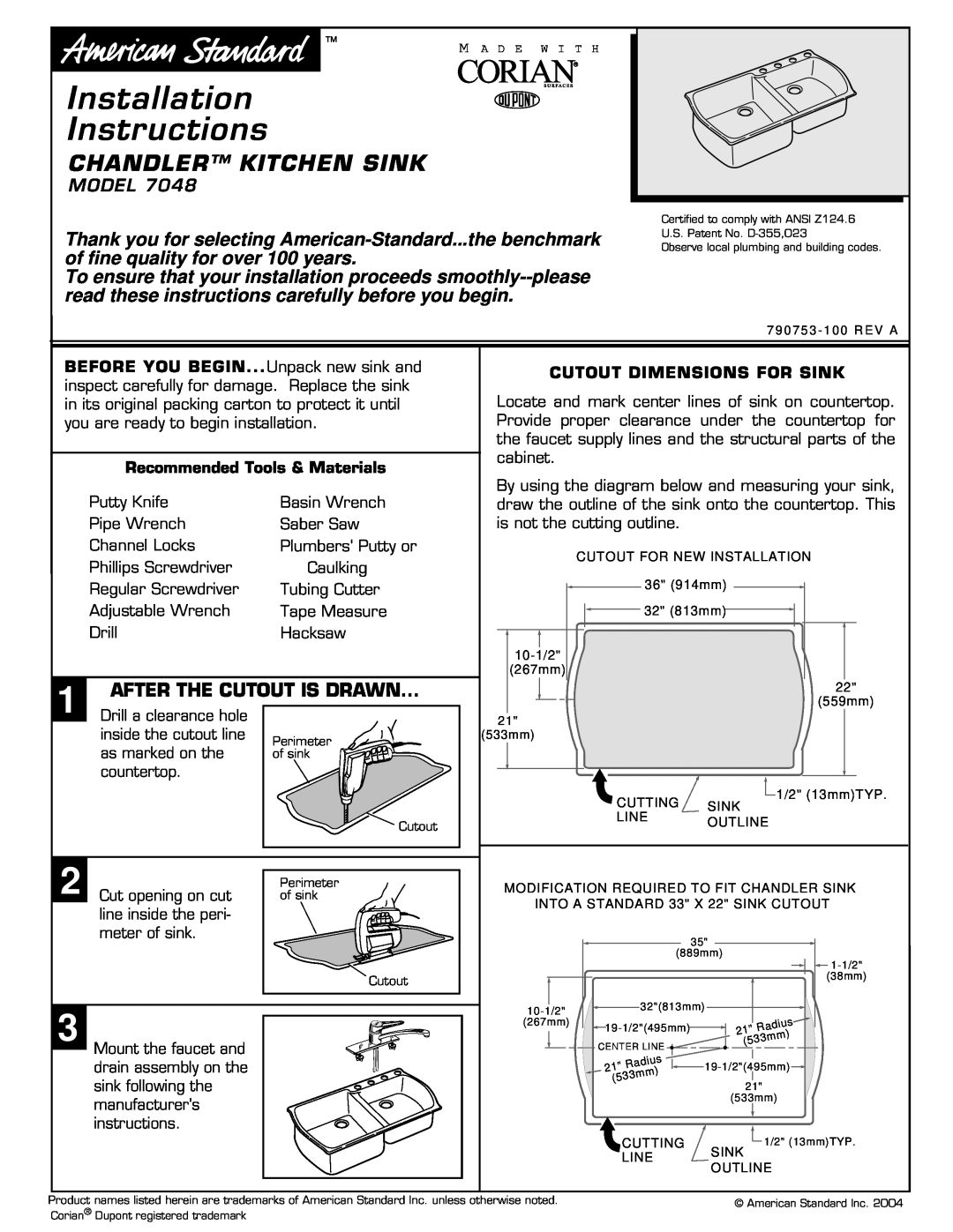 American Standard 7048 installation instructions Installation Instructions, Chandler Kitchen Sink 