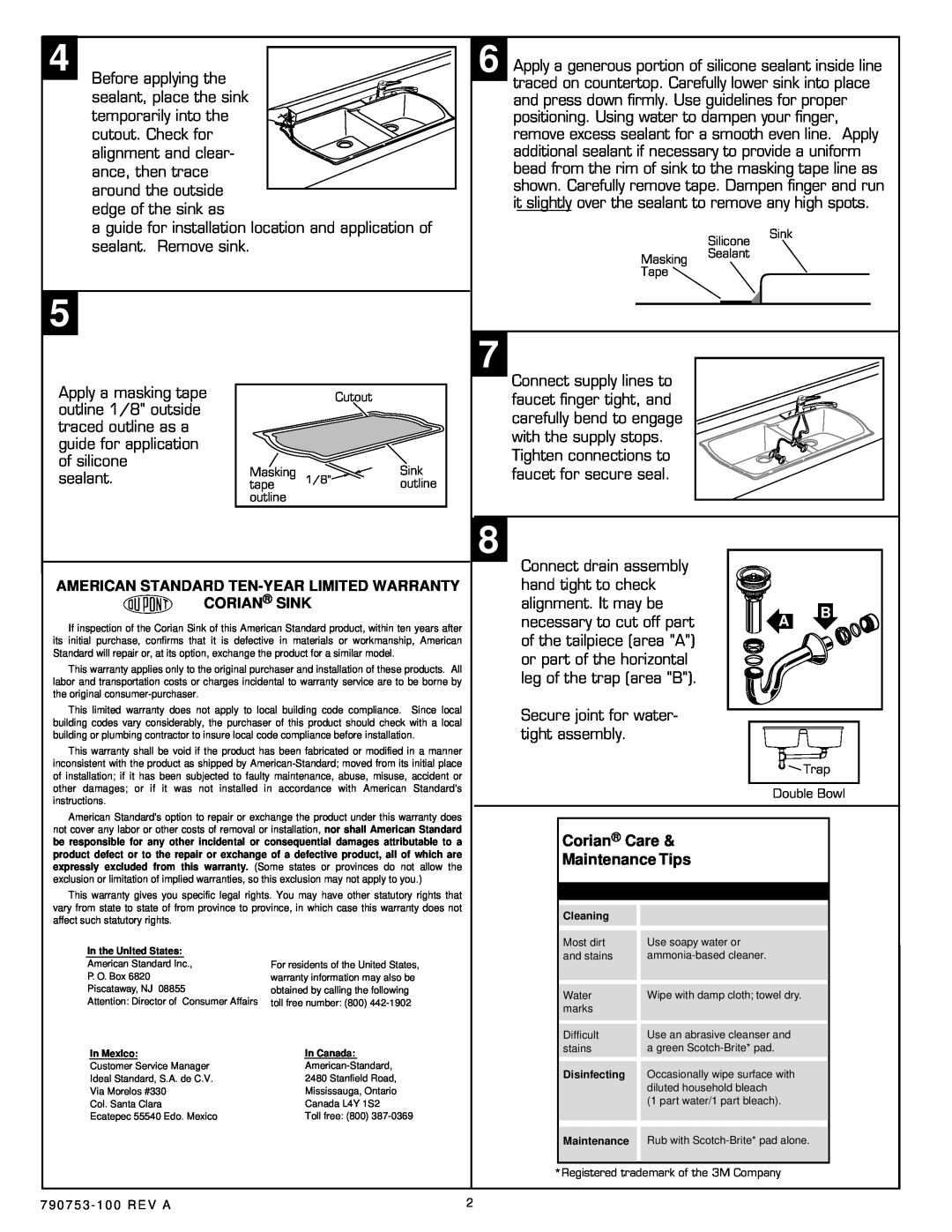 American Standard 7048 American Standard Ten-Year Limited Warranty Corian Sink, Corian Care Maintenance Tips 