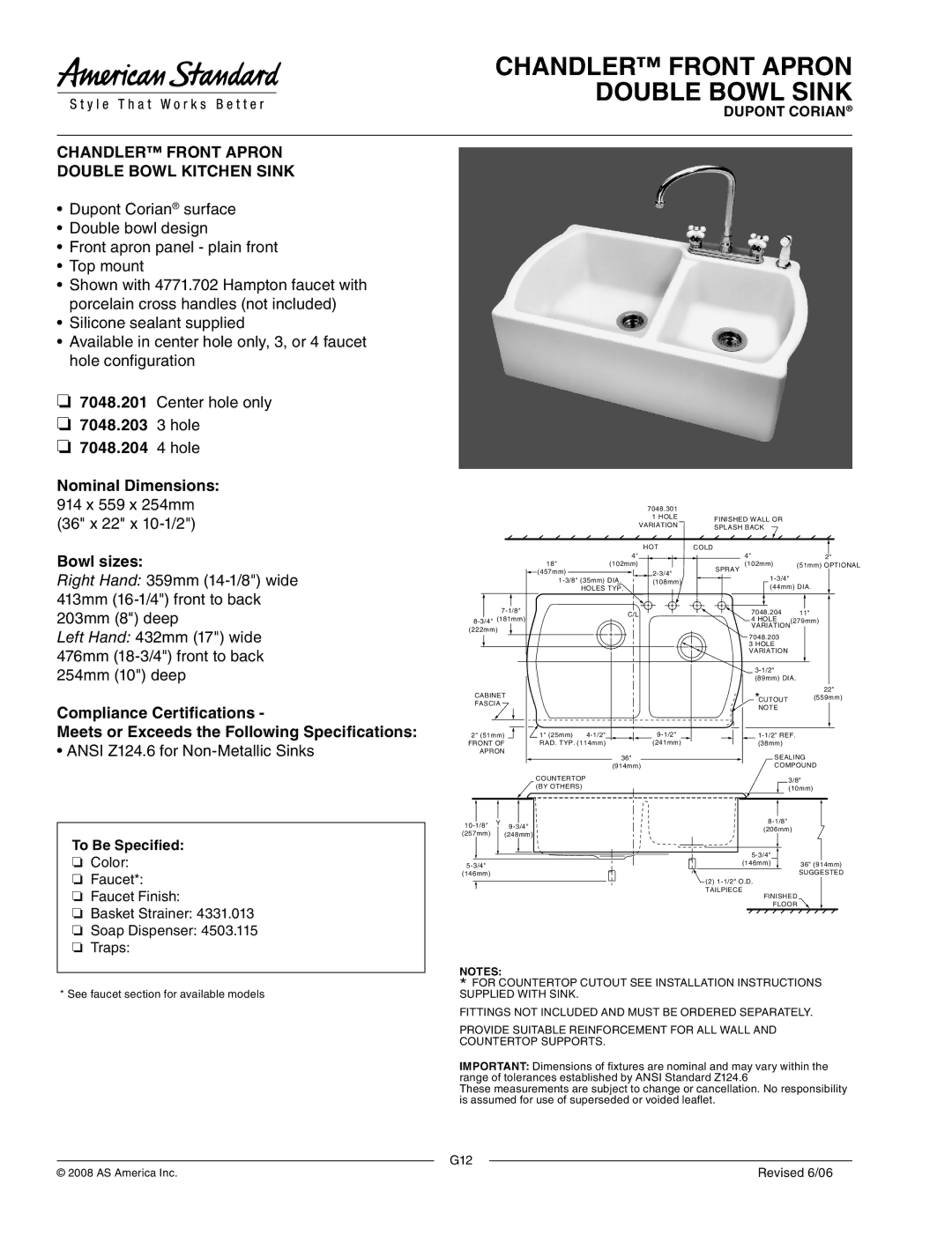 American Standard 7048.201 dimensions Chandler Front Apron Double Bowl Sink, Chandler Front Apron Double Bowl Kitchen Sink 