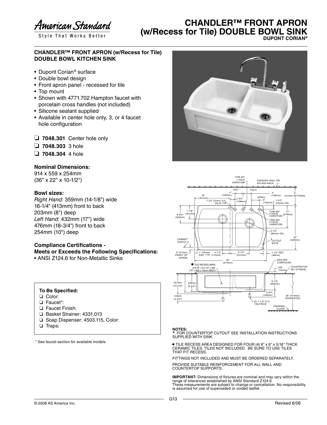 American Standard 7048.303 dimensions Chandler Front Apron w/Recess for Tile Double Bowl Sink, Double Bowl Kitchen Sink 