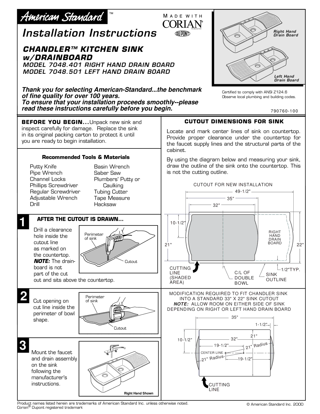 American Standard 7048.501, 7048.401 installation instructions After the Cutout is Drawn, Cutout Dimensions for Sink 