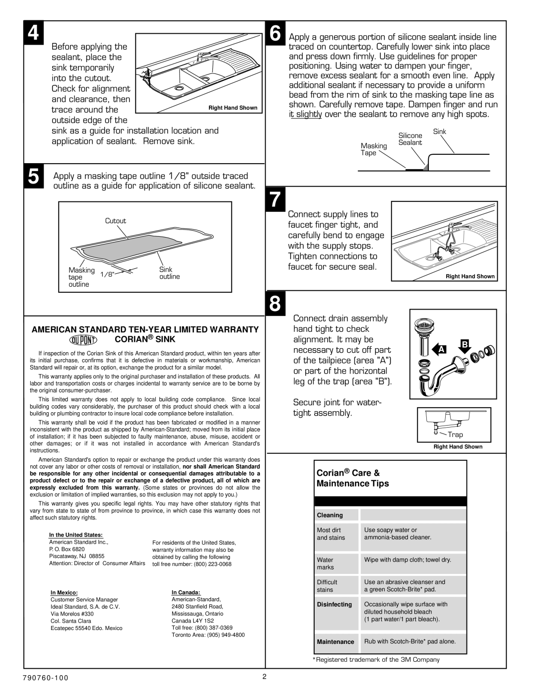 American Standard 7048.401, 7048.501 Secure joint for water- tight assembly, United States, Mexico Canada 