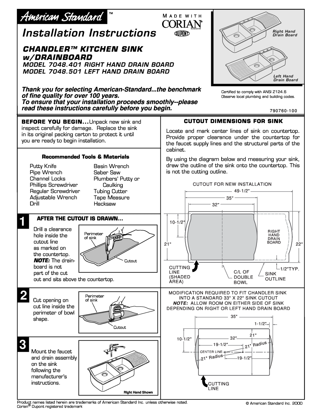 American Standard 7048.501 installation instructions Installation Instructions, CHANDLER KITCHEN SINK w/DRAINBOARD 