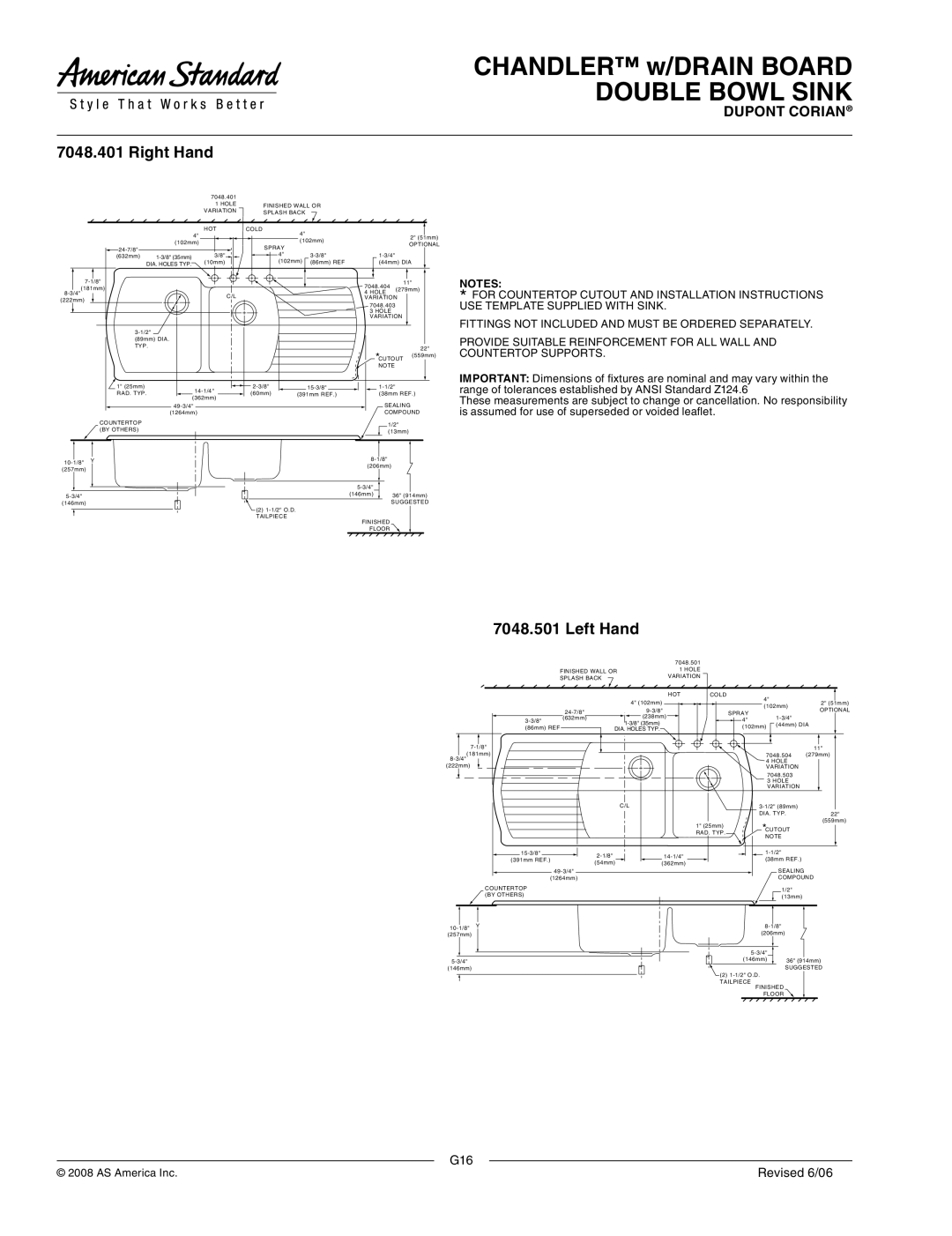 American Standard 7048.404, 7048.504, 7048.403, 7048.503 Chandler w/DRAIN Board, Double Bowl Sink, Right Hand, Left Hand 