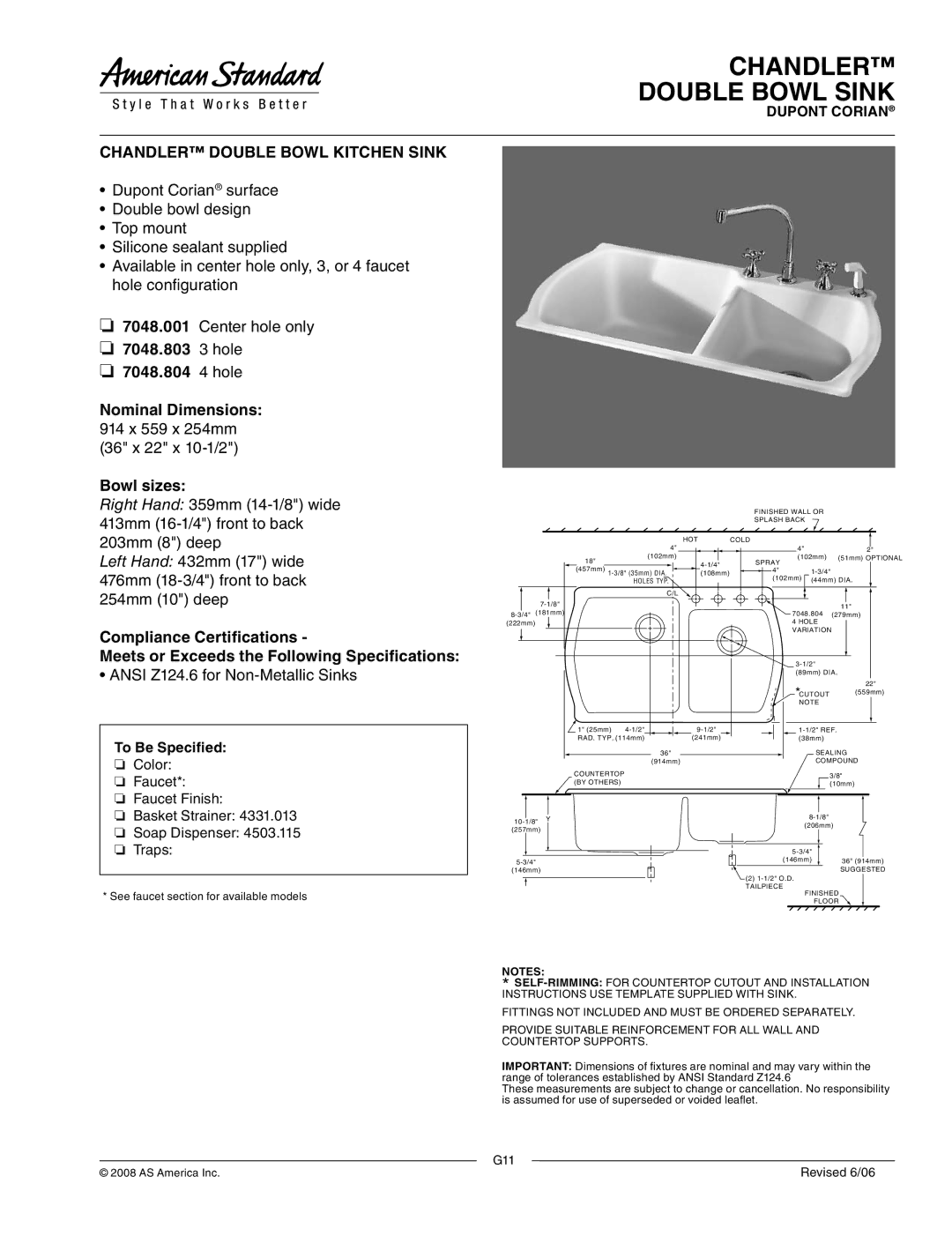 American Standard 7048.001 dimensions Chandler Double Bowl Sink, Chandler Double Bowl Kitchen Sink, To Be Specified 