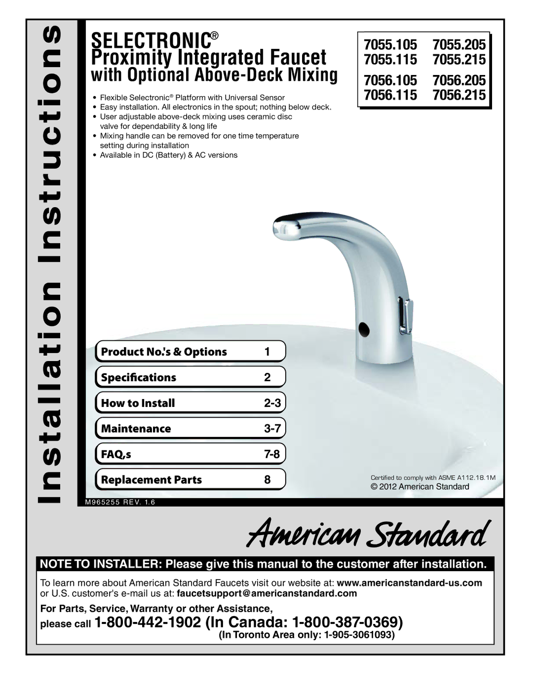 American Standard 705.205, 7055.105, 7055.115, 705.215, 7056.215, 7056.105, 7056.115 warranty Installation Instructions 