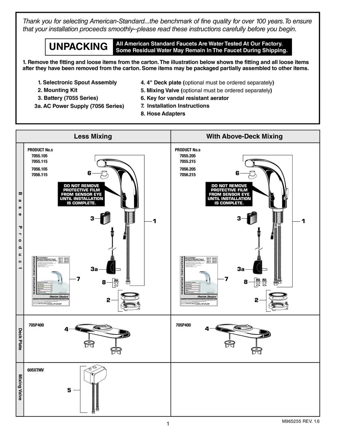 American Standard 7055.115, 7055.105, 705.205, 705.215, 7056.215, 7056.105, 7056.115, 7056.205 warranty Unpacking, Less Mixing 