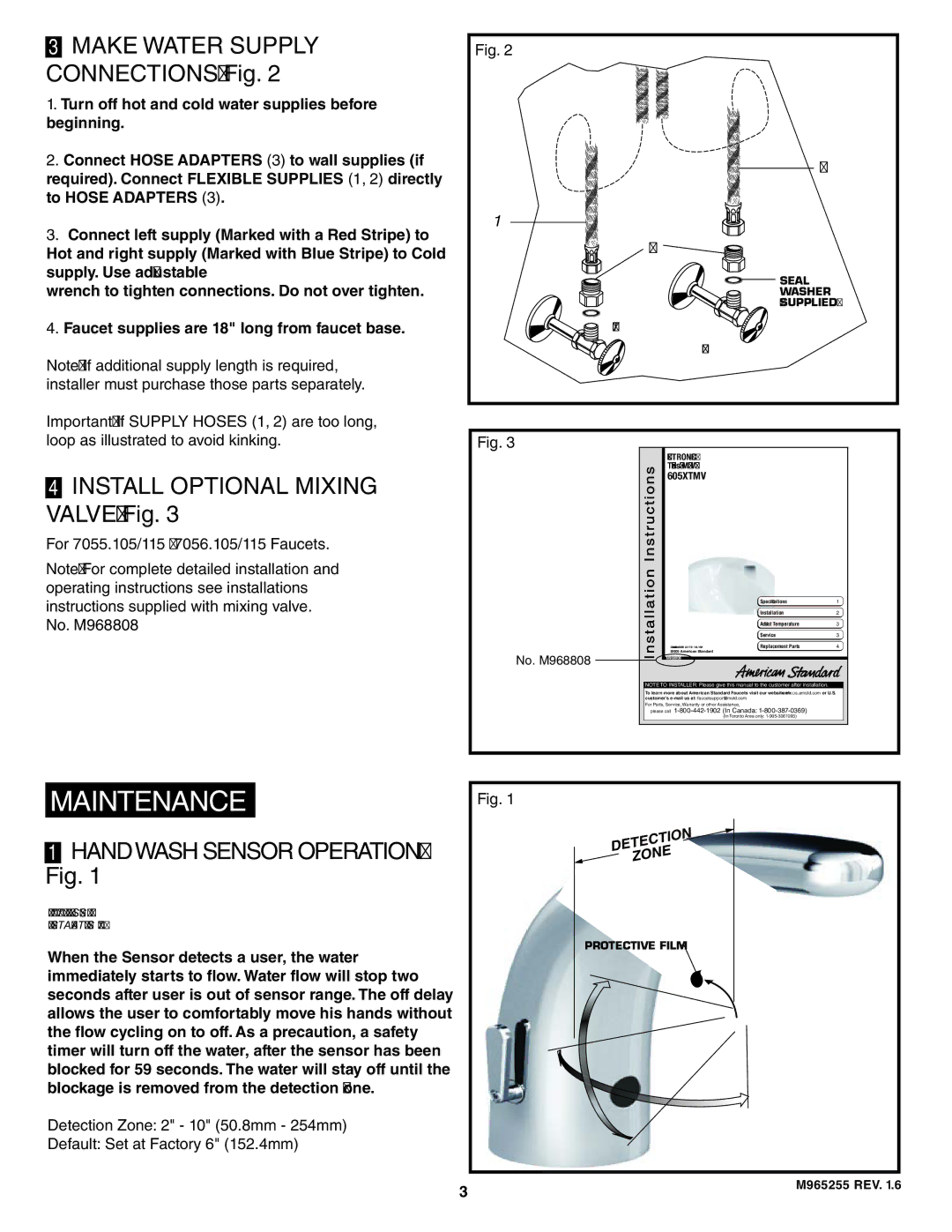 American Standard 7056.215, 7055.105 Maintenance, Make Water Supply Connections Fig, Install Optional Mixing Valve Fig 