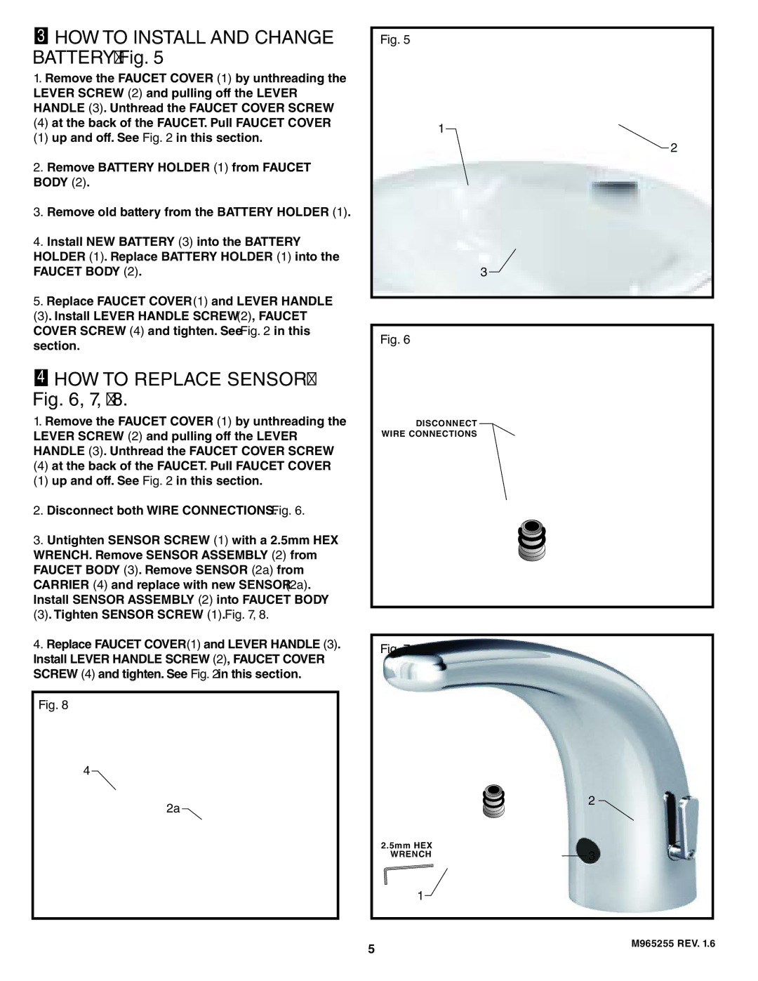 American Standard 7056.115, 7055.105, 705.205, 7055.115, 705.215 HOW to Install and Change Battery Fig, HOW to Replace Sensor 