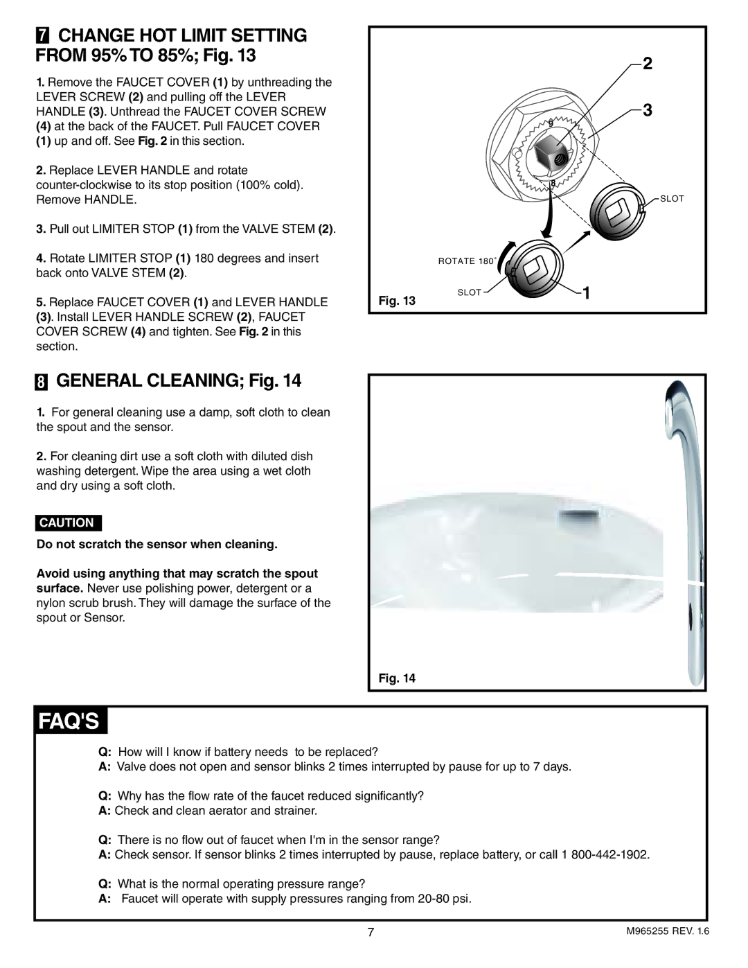 American Standard 7055.105, 705.205, 7055.115 Faqs, General Cleaning Fig, Change HOT Limit Setting from 95% to 85% Fig 