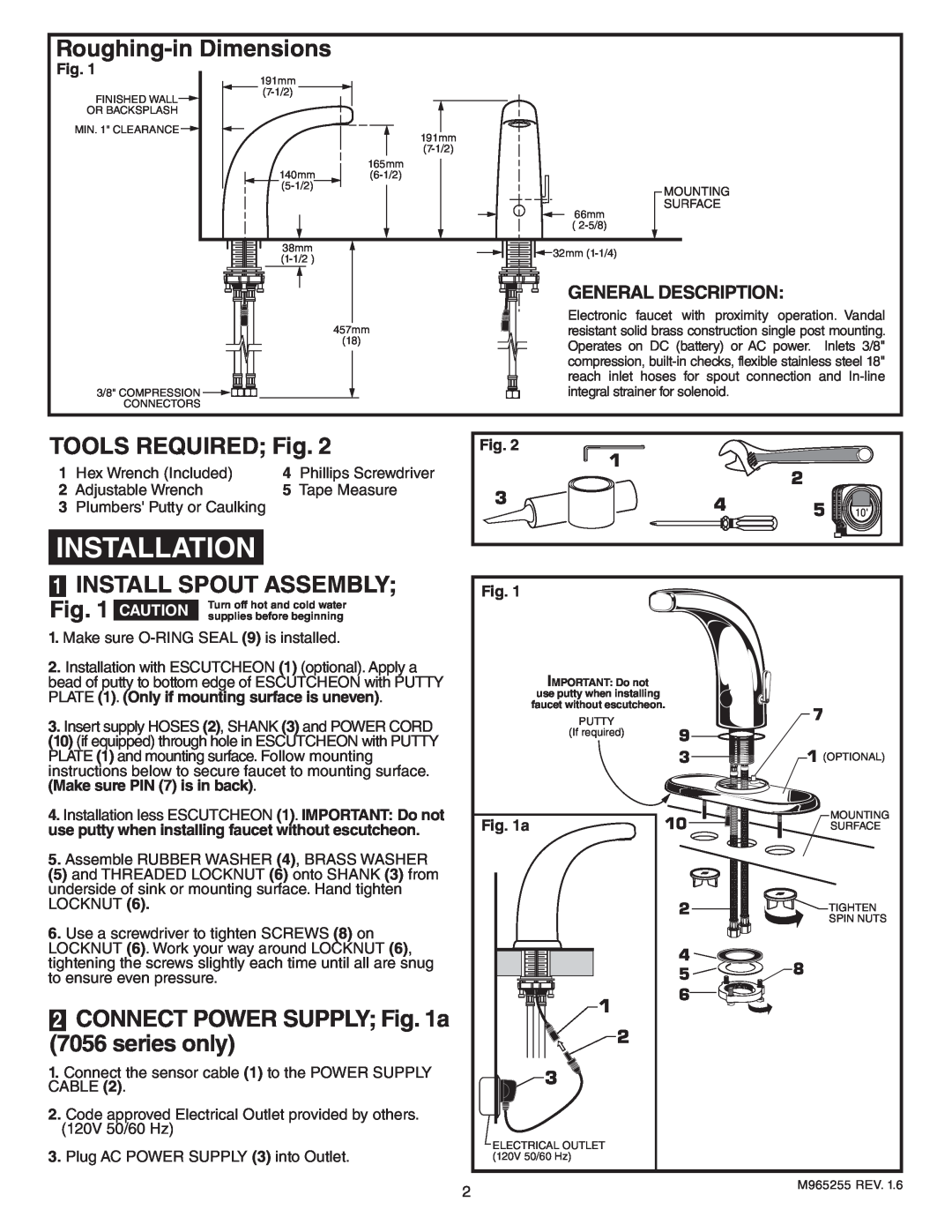 American Standard 705.215 Installation, Roughing-in Dimensions, TOOLS REQUIRED Fig, Install Spout Assembly, Caution 