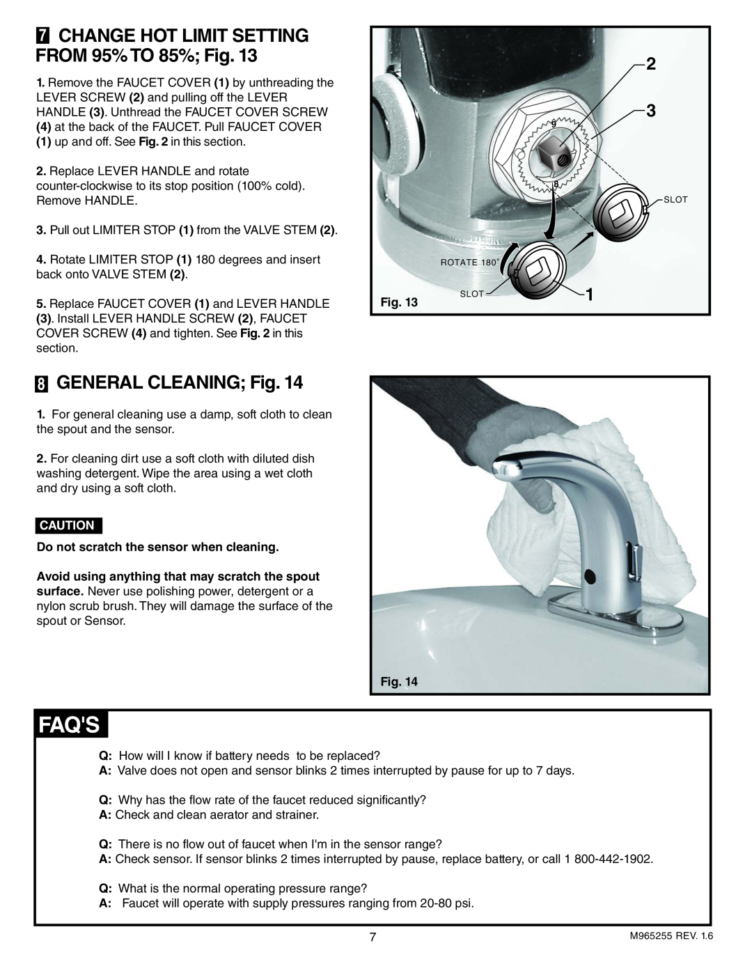 American Standard 7055.105, 705.205, 7055.115 Faqs, GENERAL CLEANING Fig, CHANGE HOT LIMIT SETTING FROM 95% TO 85% Fig 