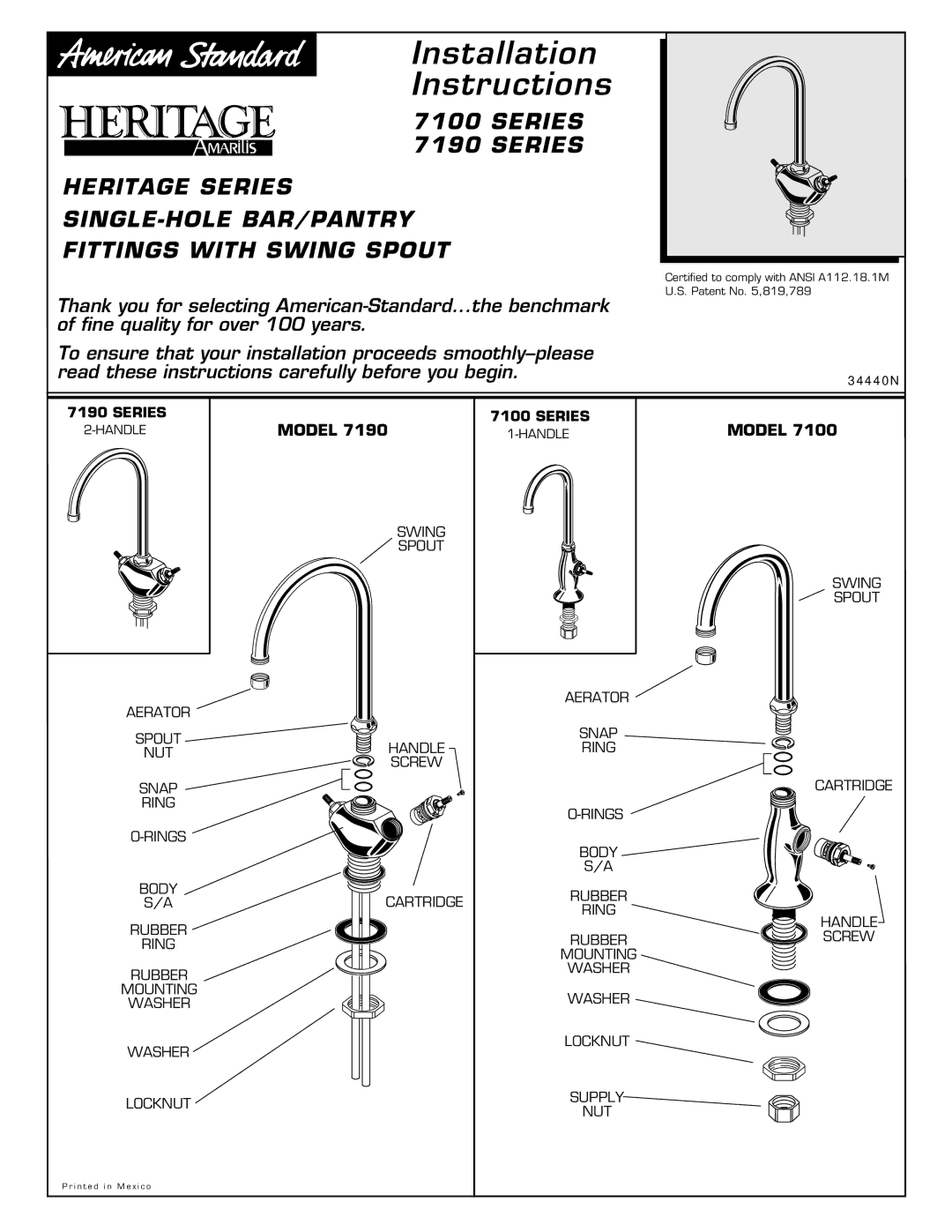 American Standard 7190 Series, 7100 Series installation instructions Installation Instructions 