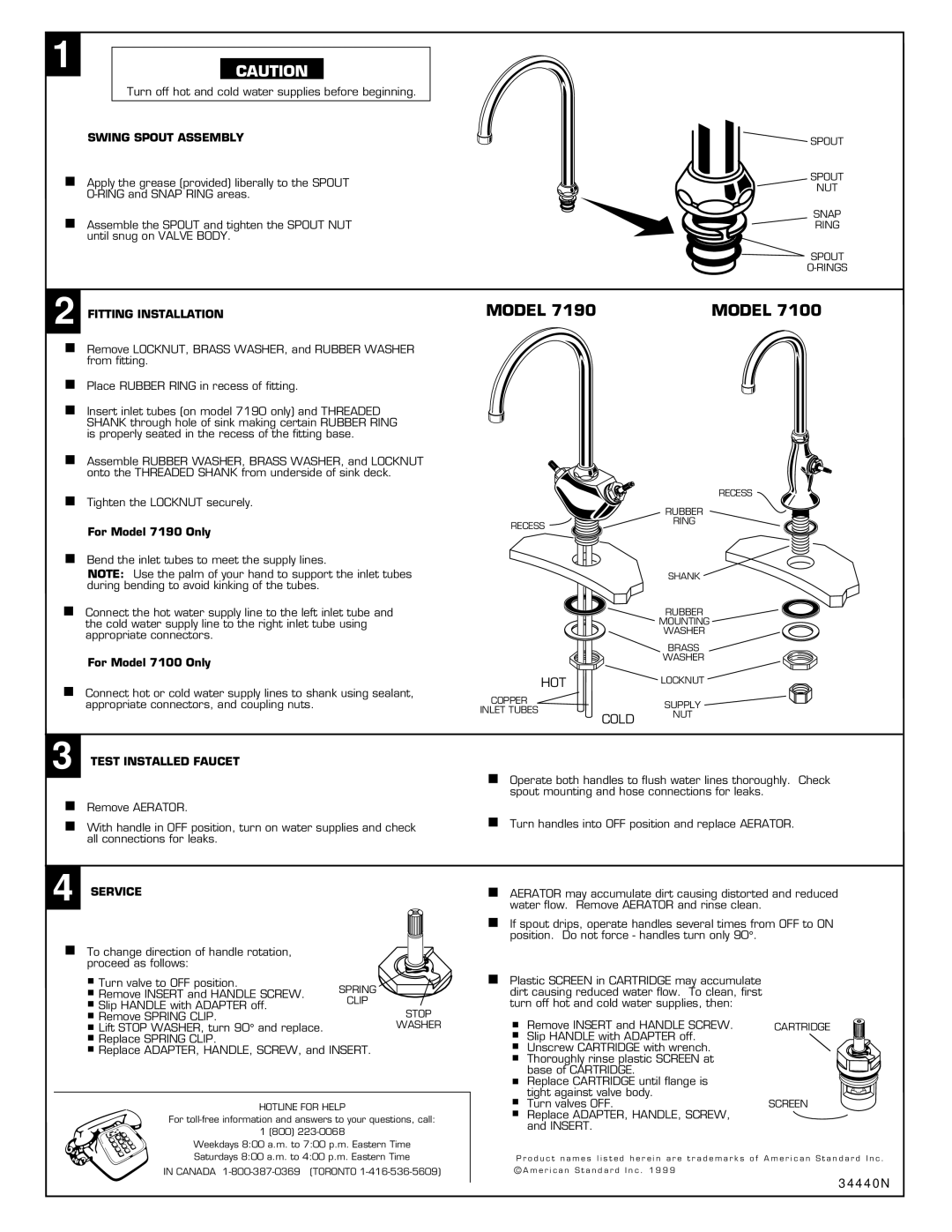 American Standard 7100 Series, 7190 Series Swing Spout Assembly, Fitting Installation, Test Installed Faucet, Service 