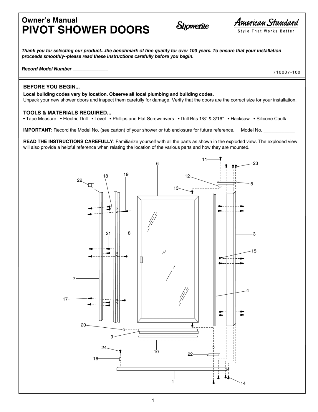 American Standard 710007-100 owner manual Before YOU Begin, Tools & Materials Required 