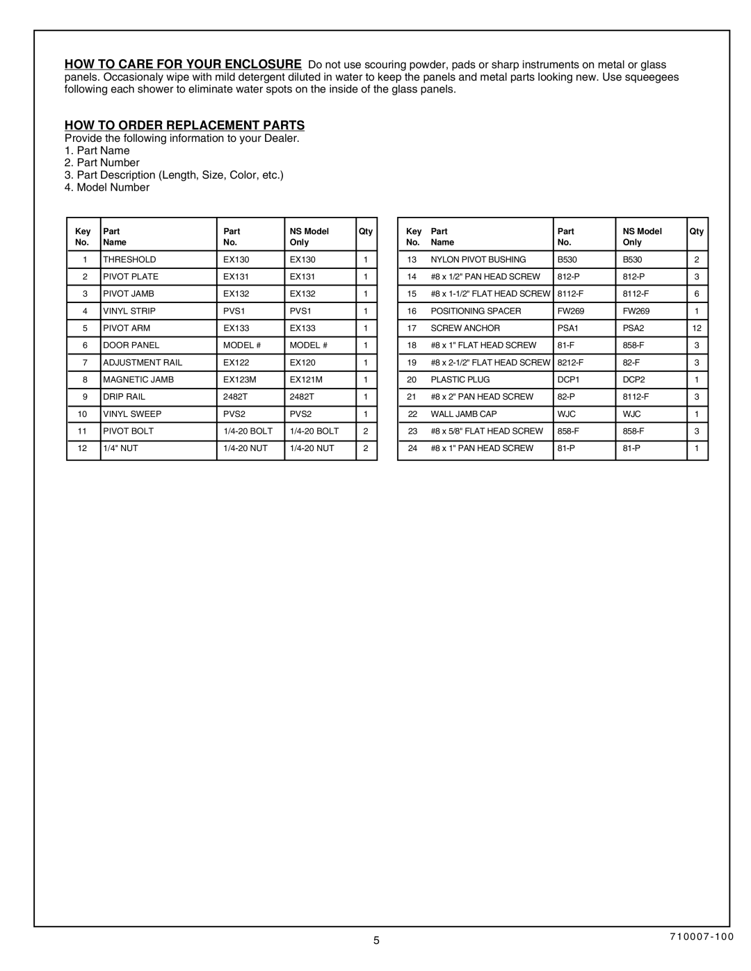 American Standard 710007-100 owner manual HOW to Order Replacement Parts, Key Part NS Model Qty Name Only 