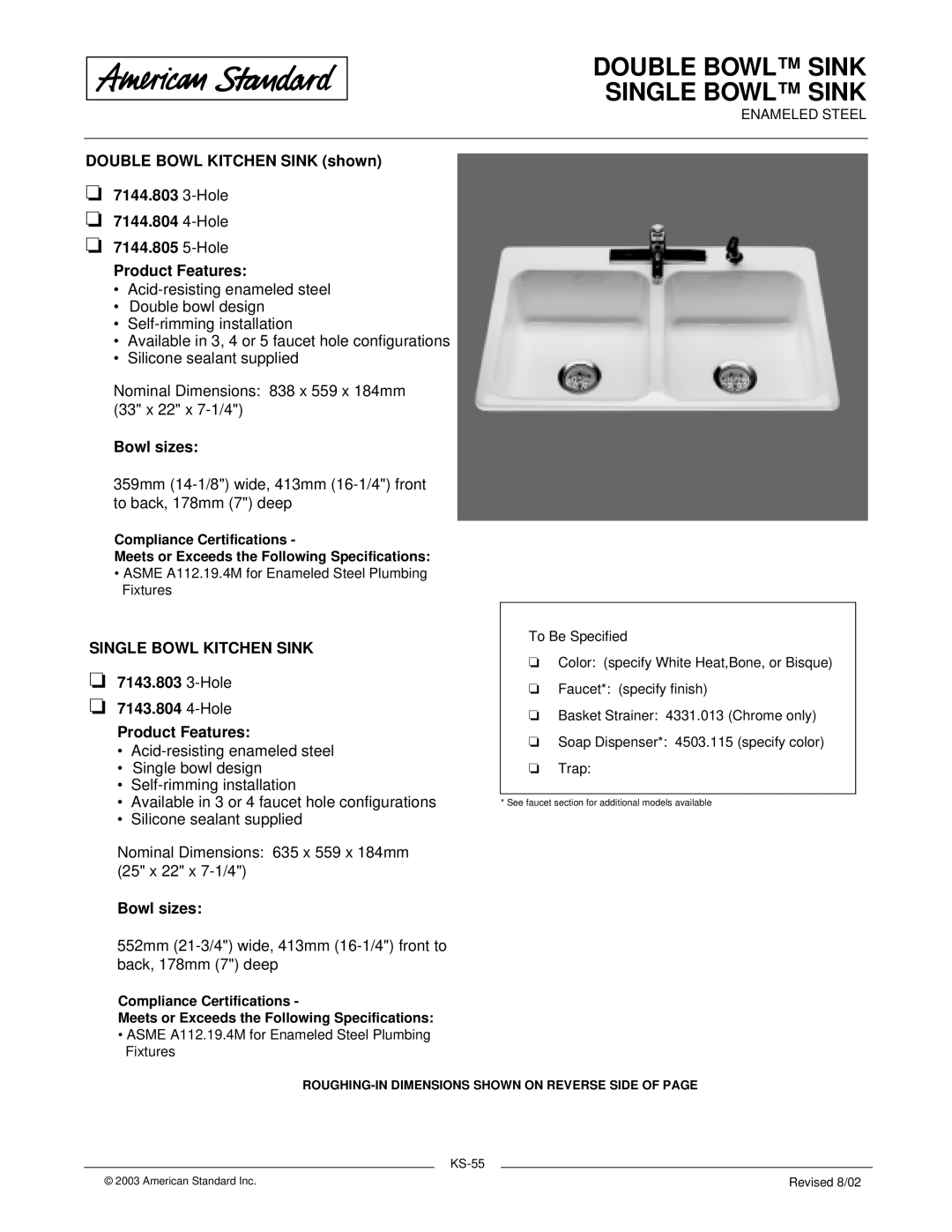 American Standard 7143.804, 7143.803 dimensions Double Bowl Sink Single Bowl Sink, Bowl sizes, Single Bowl Kitchen Sink 