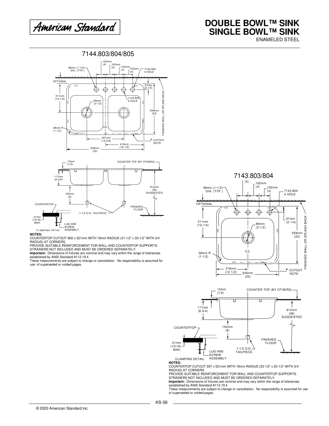 American Standard 7144.805, 7143.804 dimensions Double Bowl Sink Single Bowl Sink, 7144.803/804/805, 7143.803/804 