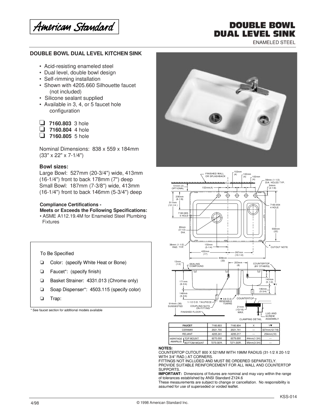 American Standard 7160.804 dimensions Double Bowl Dual Level Sink, Double Bowl Dual Level Kitchen Sink, Bowl sizes 