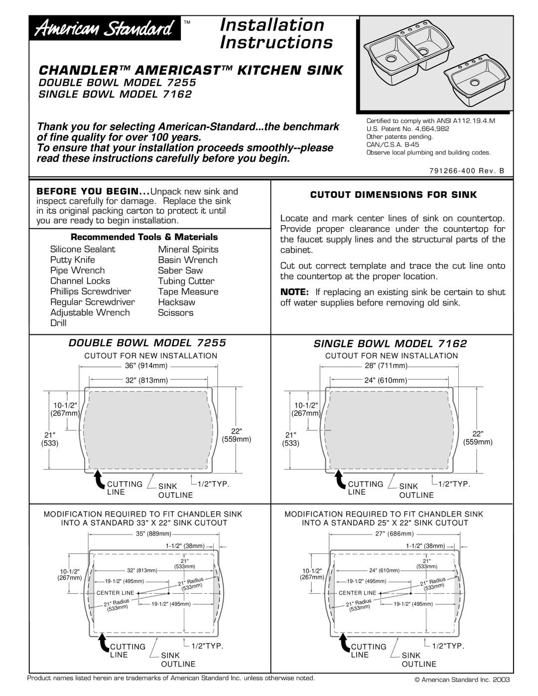 American Standard 7255, 7162 installation instructions Installation Instructions, Chandler Americast Kitchen Sink 