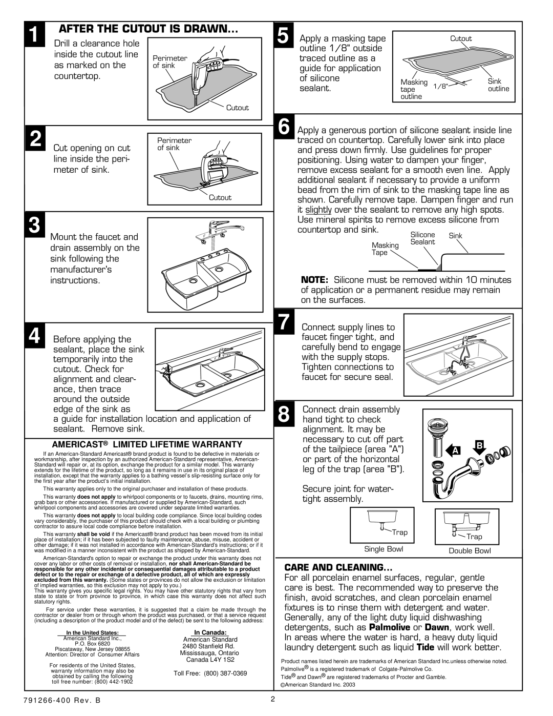 American Standard 7162, 7255 After the Cutout is Drawn, Americast Limited Lifetime Warranty, Care and Cleaning 