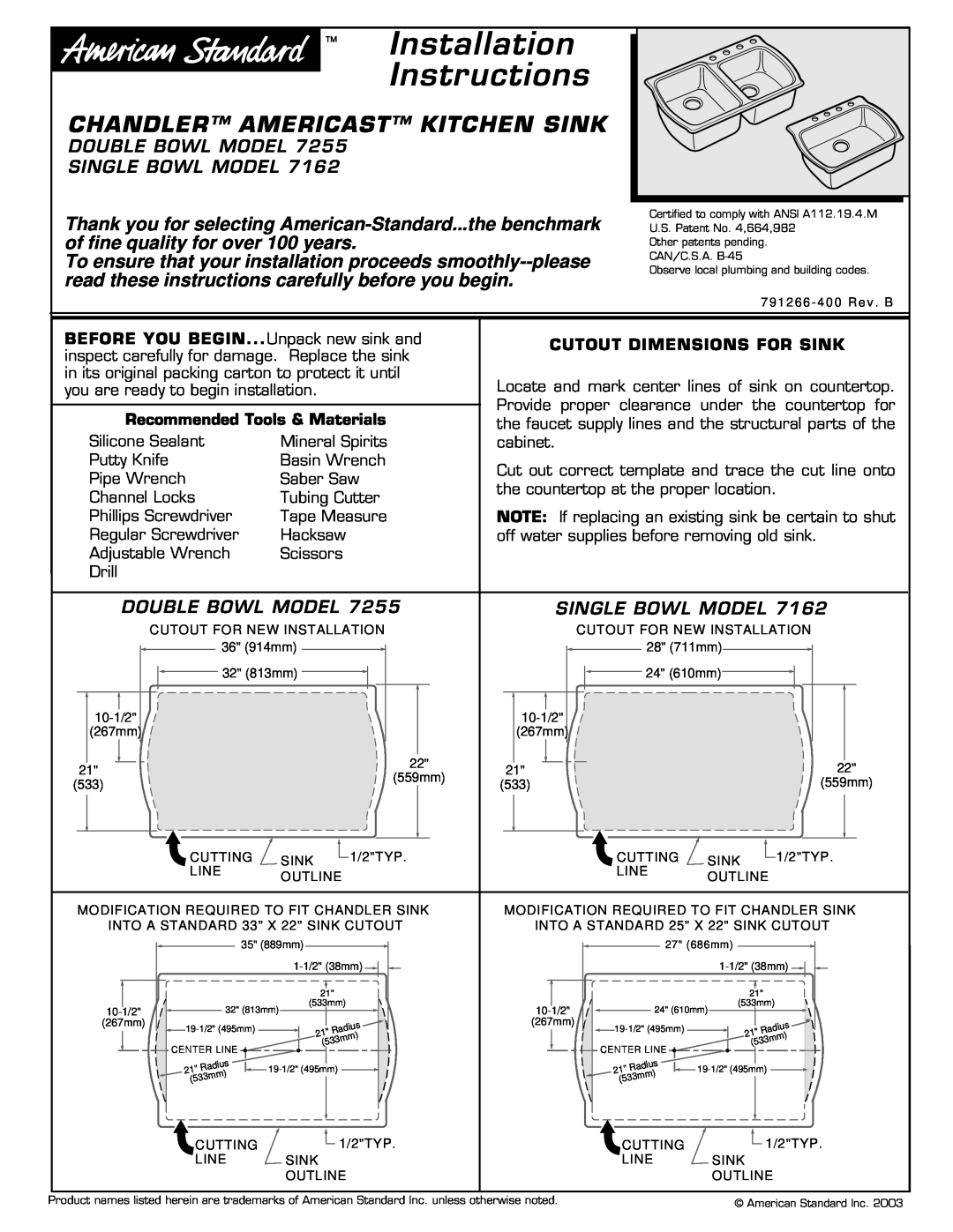 American Standard 7255, 7162 installation instructions Installation Instructions, Chandler Americast Kitchen Sink 
