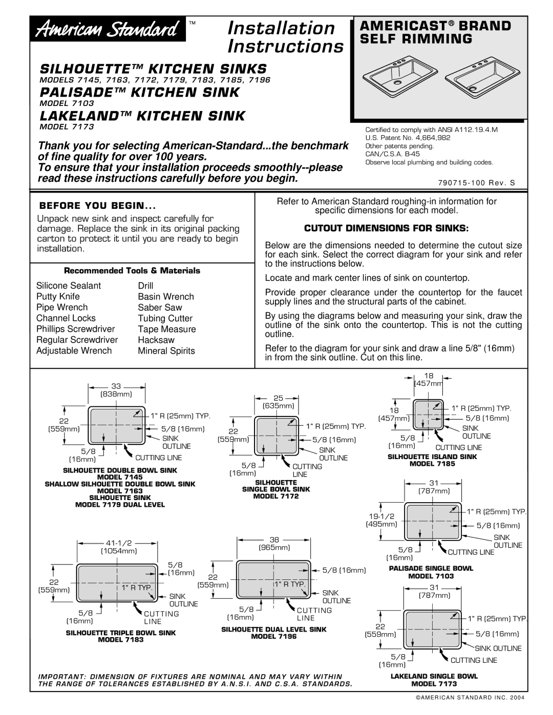 American Standard 7172, 7163, 7145, 7103, 7196, 7183 installation instructions Before YOU Begin, Cutout Dimensions for Sinks 