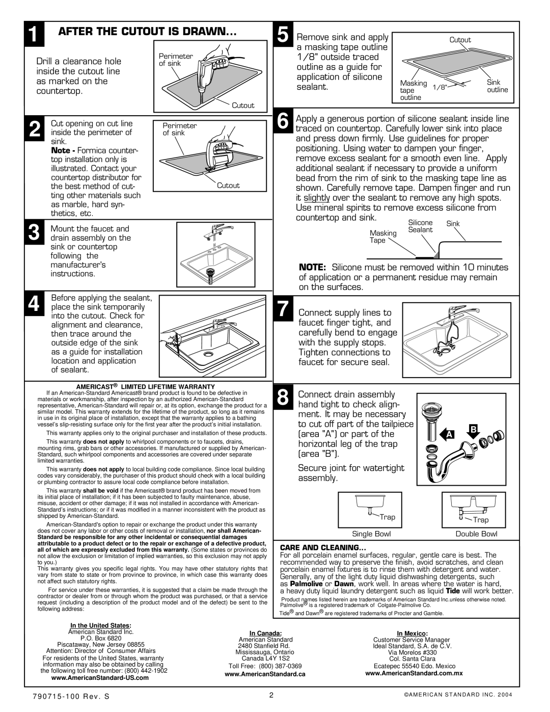 American Standard 7145, 7163, 7172, 7103, 7196, 7183 installation instructions United States, Mexico 