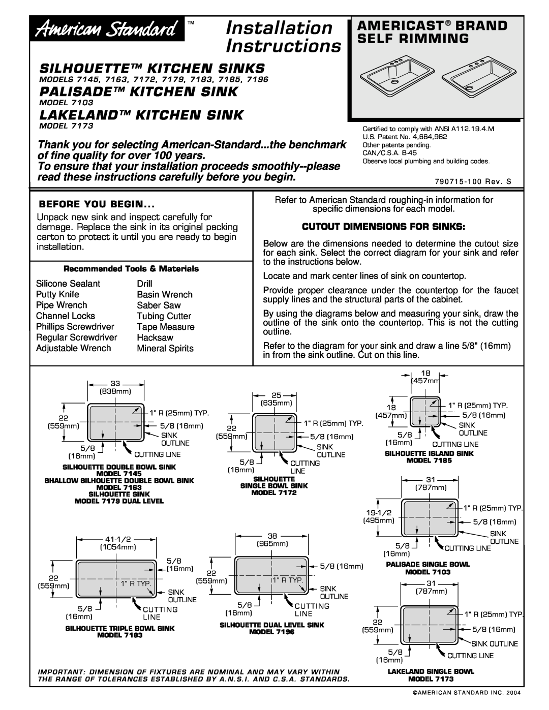 American Standard 7172 installation instructions Installation Instructions, Silhouette Kitchen Sinks, Americast Brand 