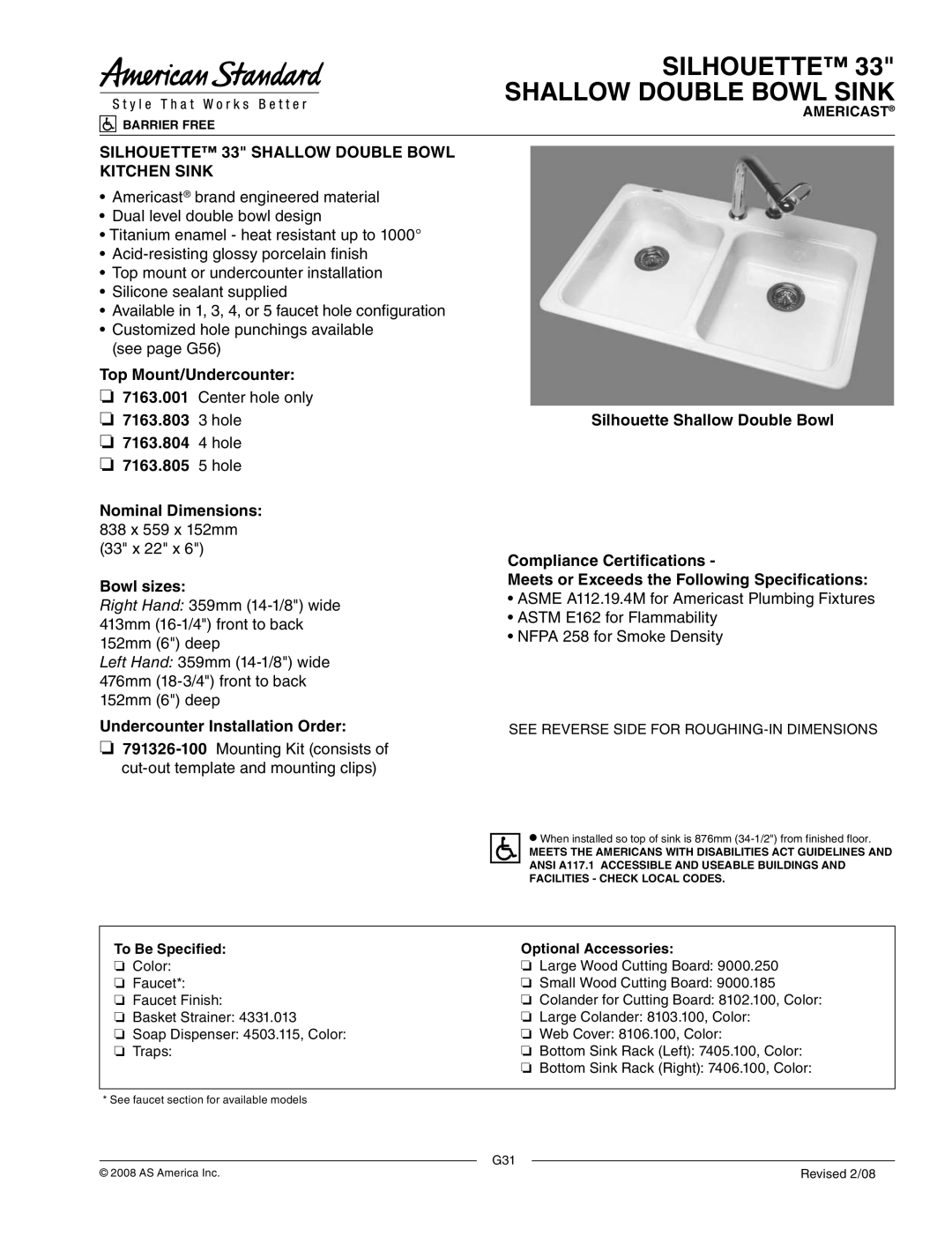 American Standard 7163.805 dimensions Silhouette Shallow Double Bowl Sink, Silhouette 33 Shallow Double Bowl Kitchen Sink 