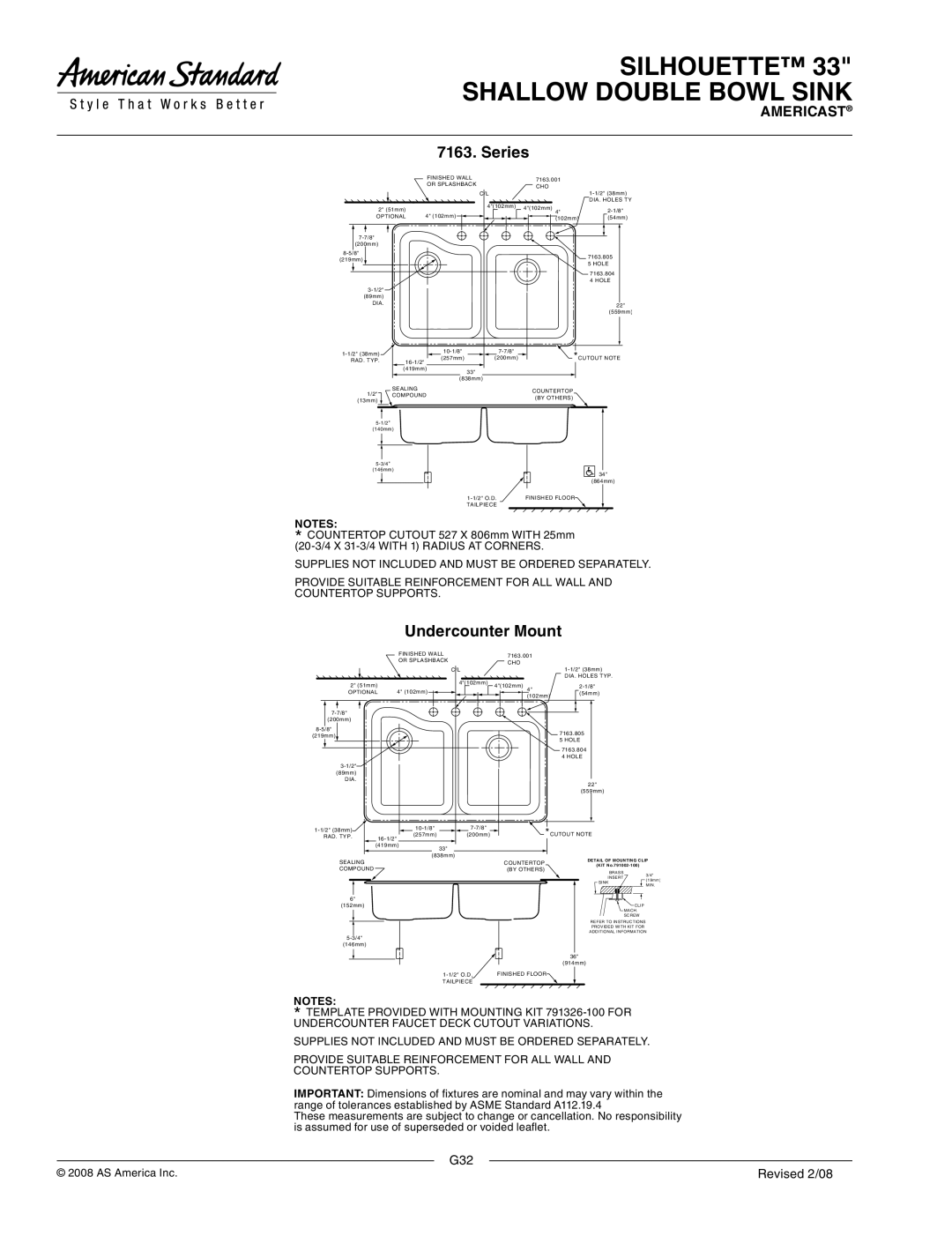 American Standard 7163.803, 7163.804, 7163.805, 7163.001 dimensions Series, Undercounter Mount 