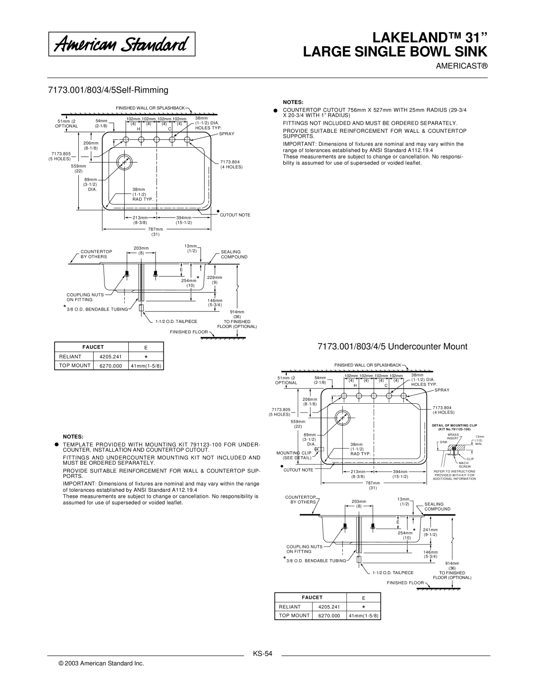 American Standard 7173.804, 7173.803, 7173.805, 791123-100 7173.001/803/4/5Self-Rimming, 7173.001/803/4/5 Undercounter Mount 