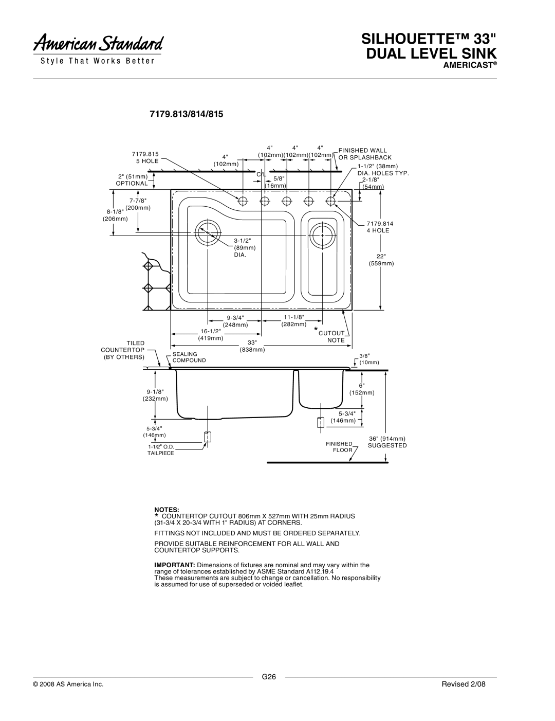 American Standard 7179.814, 7179.011, 7179.815 dimensions 7179.813/814/815 