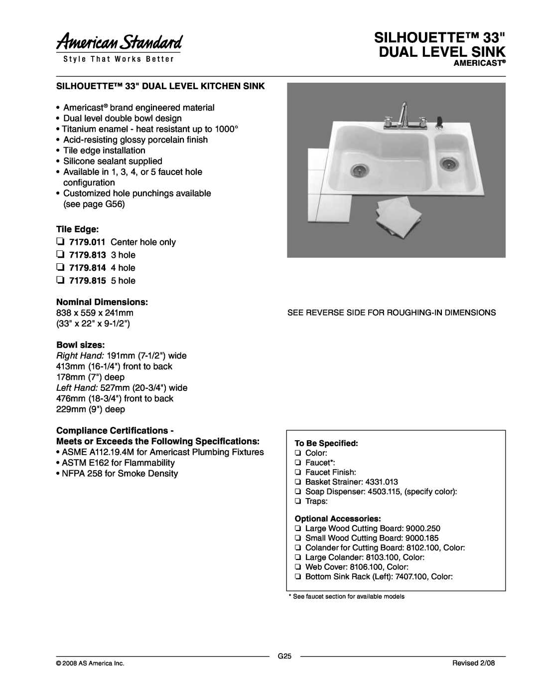 American Standard 7179.815 dimensions Silhouette Dual Level Sink, SILHOUETTE 33 DUAL LEVEL KITCHEN SINK, Tile Edge 