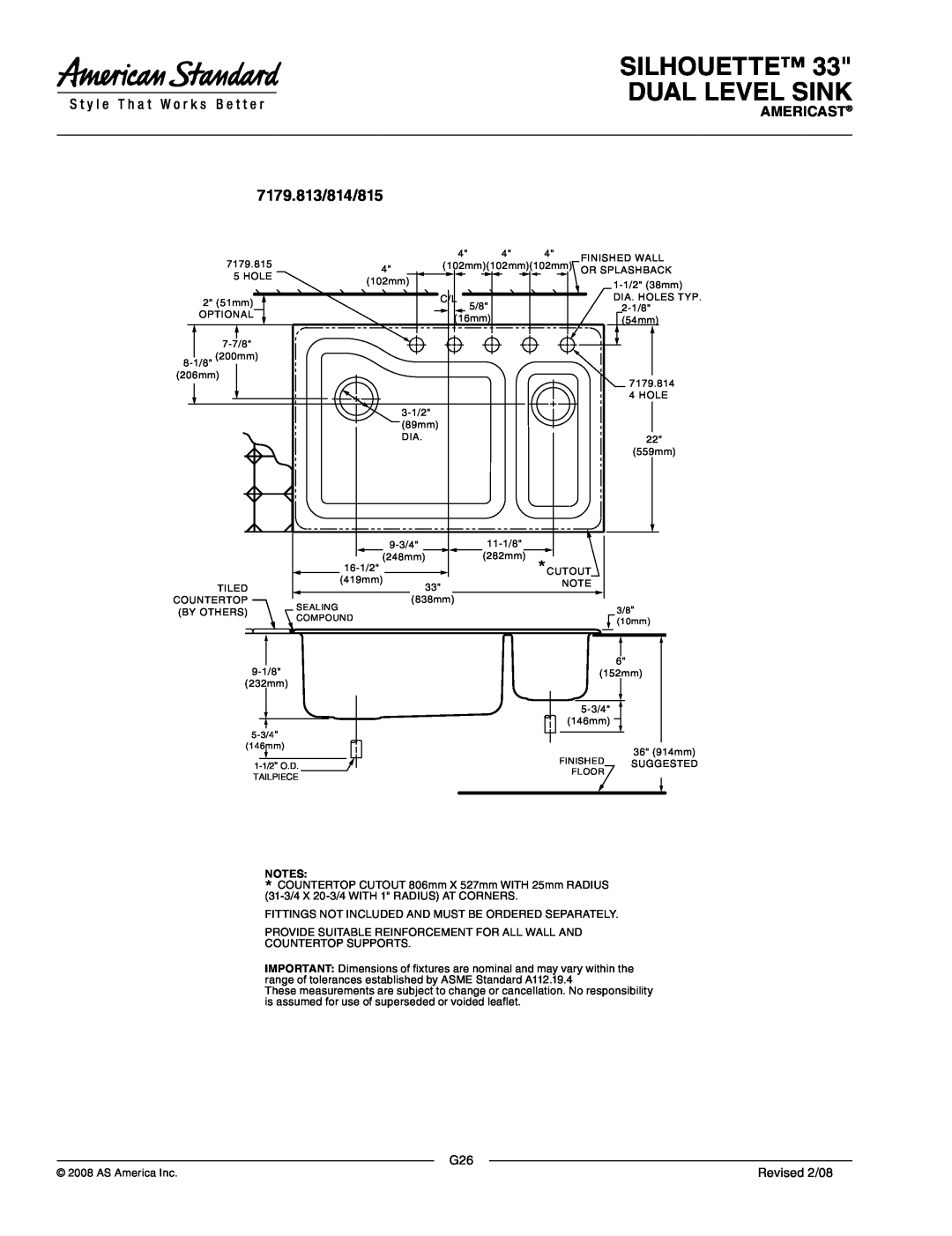 American Standard 7179.814, 7179.011, 7179.815 7179.813/814/815, Silhouette Dual Level Sink, Americast, Revised 2/08 