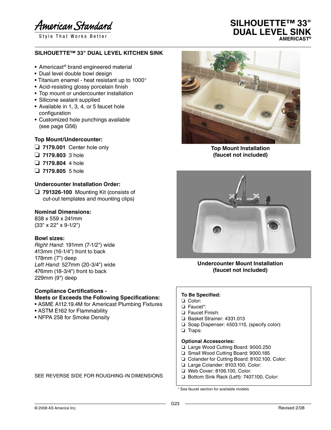 American Standard 7179.001 dimensions Silhouette Dual Level Sink, Silhouette 33 Dual Level Kitchen Sink, To Be Specified 