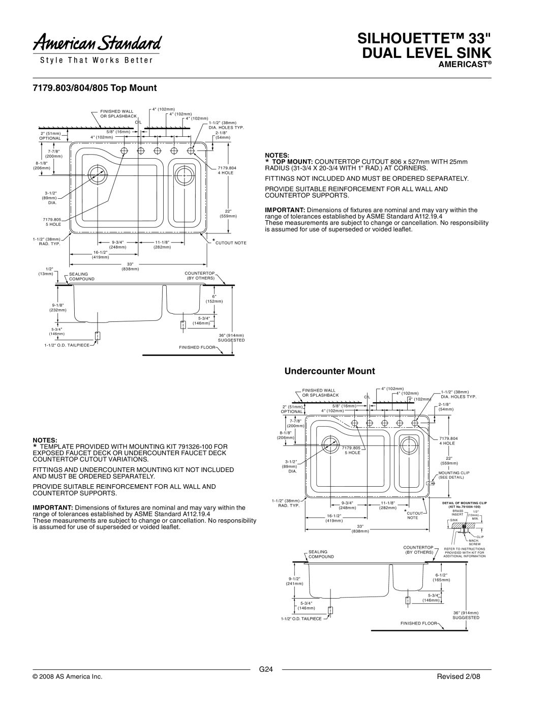 American Standard 7179.804, 7179.001, 7179.805 dimensions 7179.803/804/805 Top Mount, Undercounter Mount 