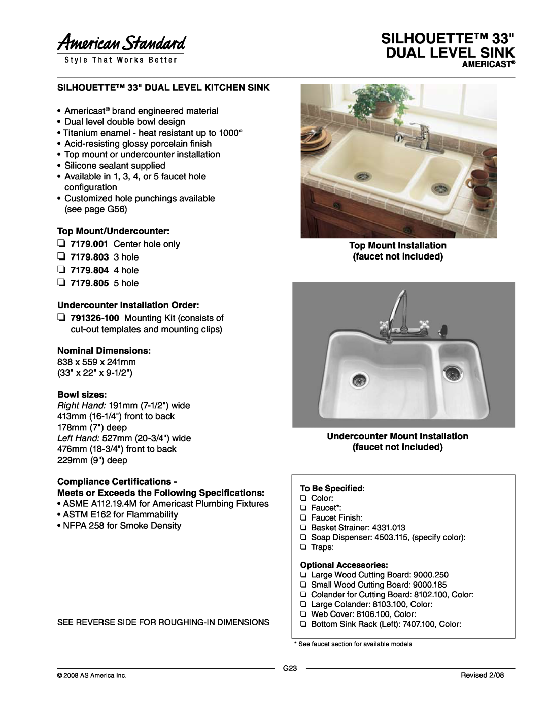 American Standard 7179.001, 7179.803, 7179.804, 7179.805 dimensions Silhouette Dual Level Sink 