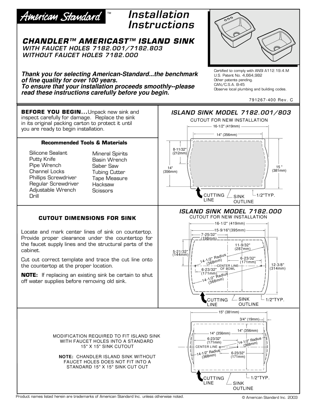 American Standard 7182.000, 7182.803 installation instructions Installation Instructions, Cutout Dimensions for Sink 