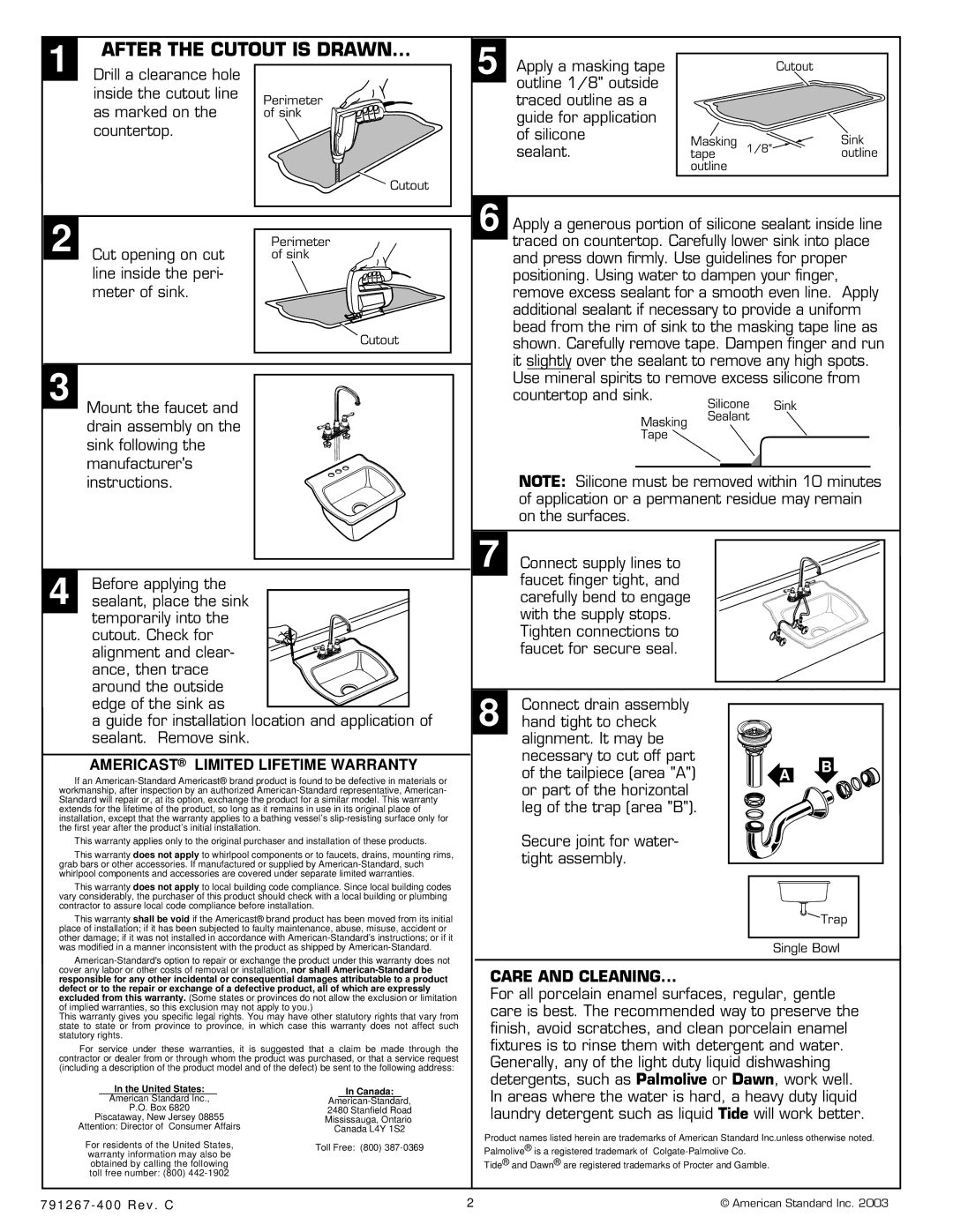 American Standard 7182.001, 7182.803, 7182.000 installation instructions After the Cutout is Drawn, Care and Cleaning 