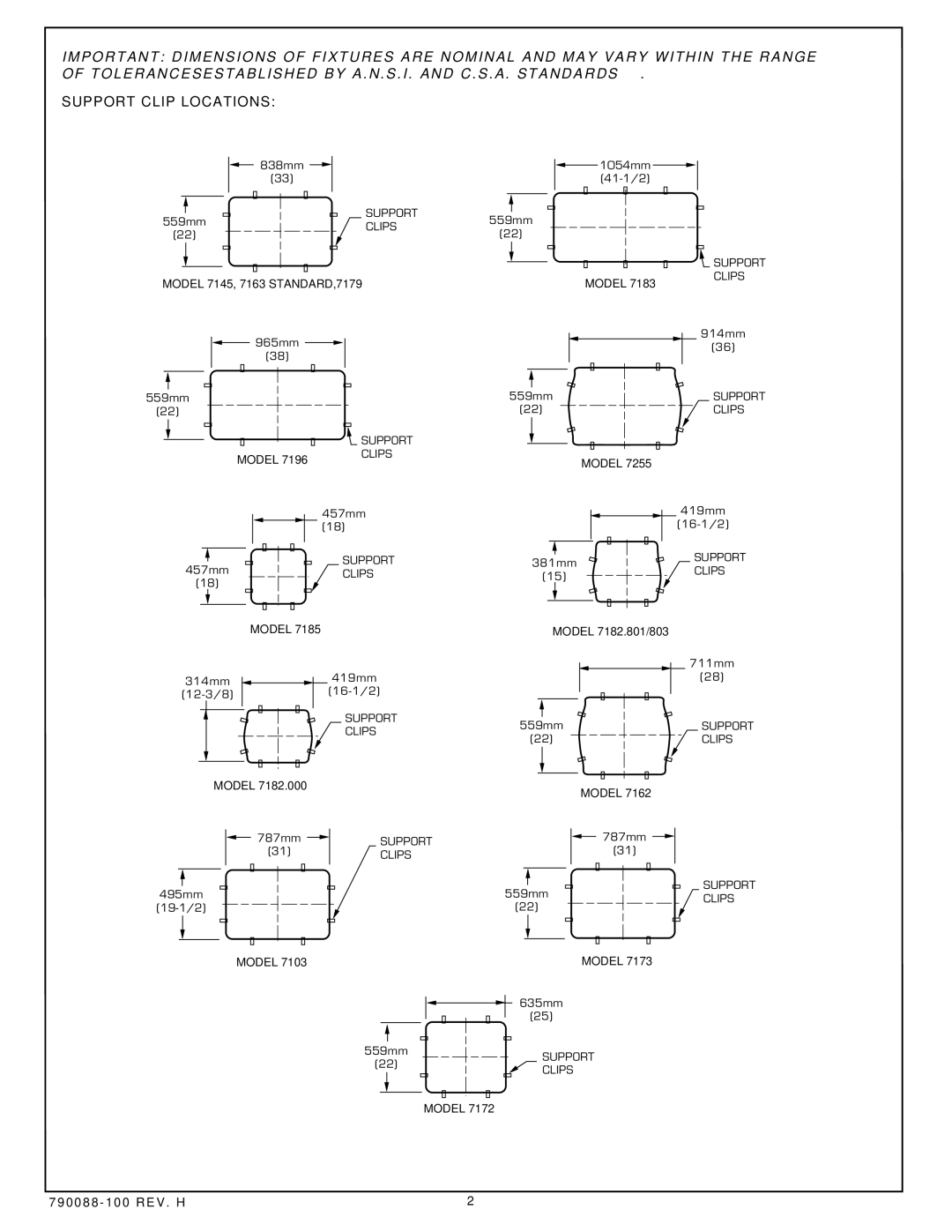 American Standard 7182.000, 7182.803, 7182.001 installation instructions Support Clip Locations 