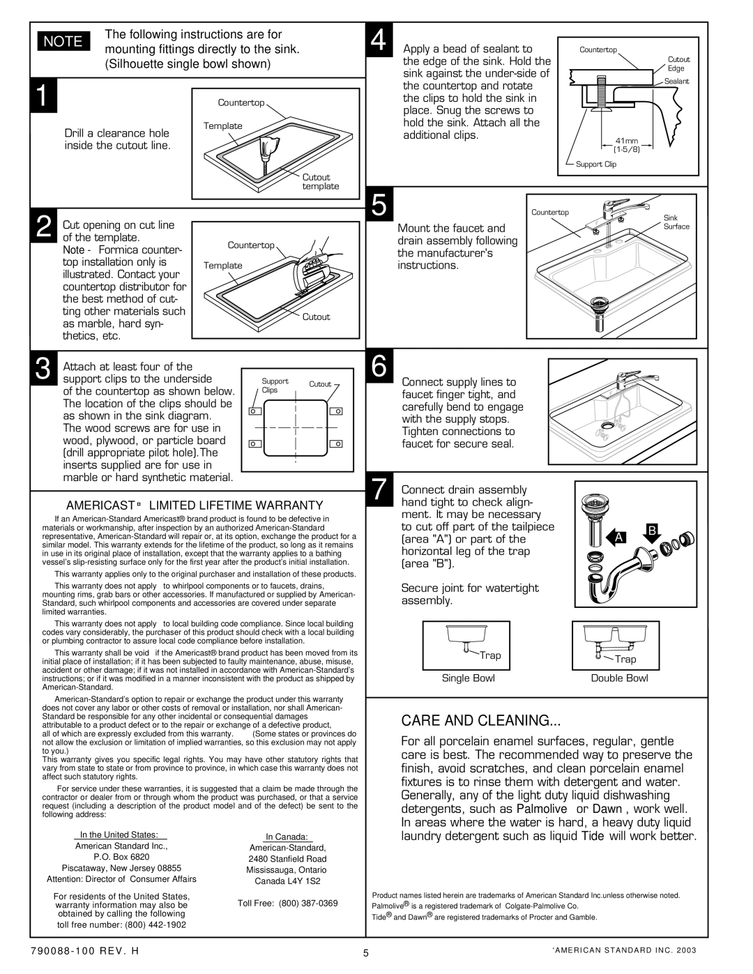 American Standard 7182.000, 7182.803, 7182.001 installation instructions Care and Cleaning, United States 