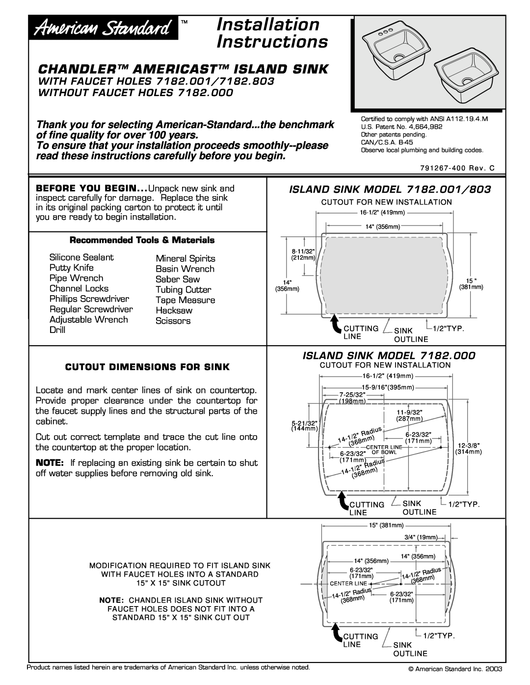 American Standard 7182.000, 7182.803 installation instructions Installation Instructions, Chandler Americast Island Sink 