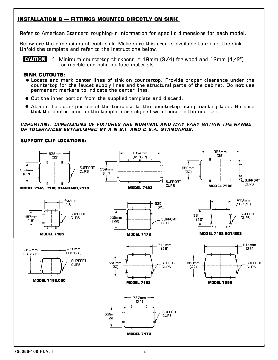American Standard 7182.803, 7182.000, 7182.001 installation instructions Sink Cutouts, 7 9 0 0 8 8 - 1 0 0 R E V . H 