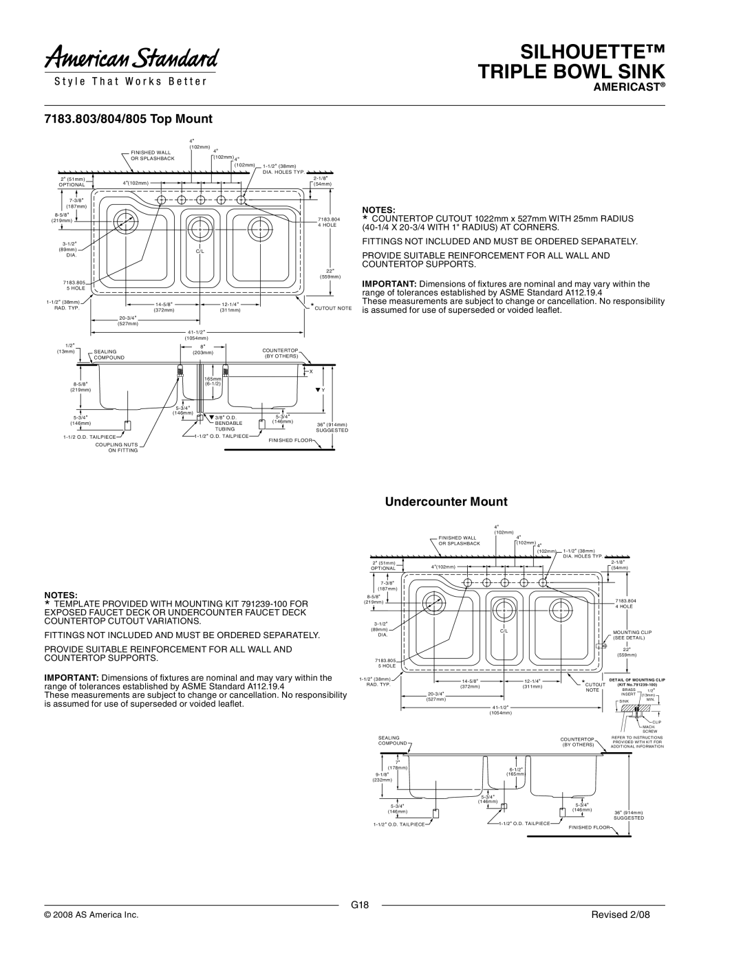 American Standard 7183.805, 7183.801, 7183.804 dimensions 7183.803/804/805 Top Mount, Undercounter Mount 