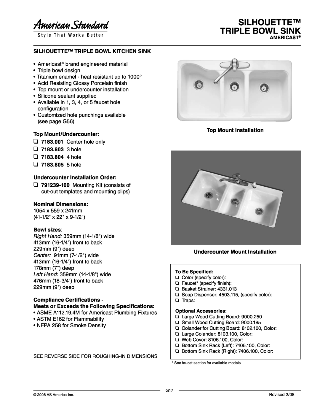 American Standard 7183.804, 7183.801, 7183.805, 7183.803 dimensions Silhouette Triple Bowl Sink 
