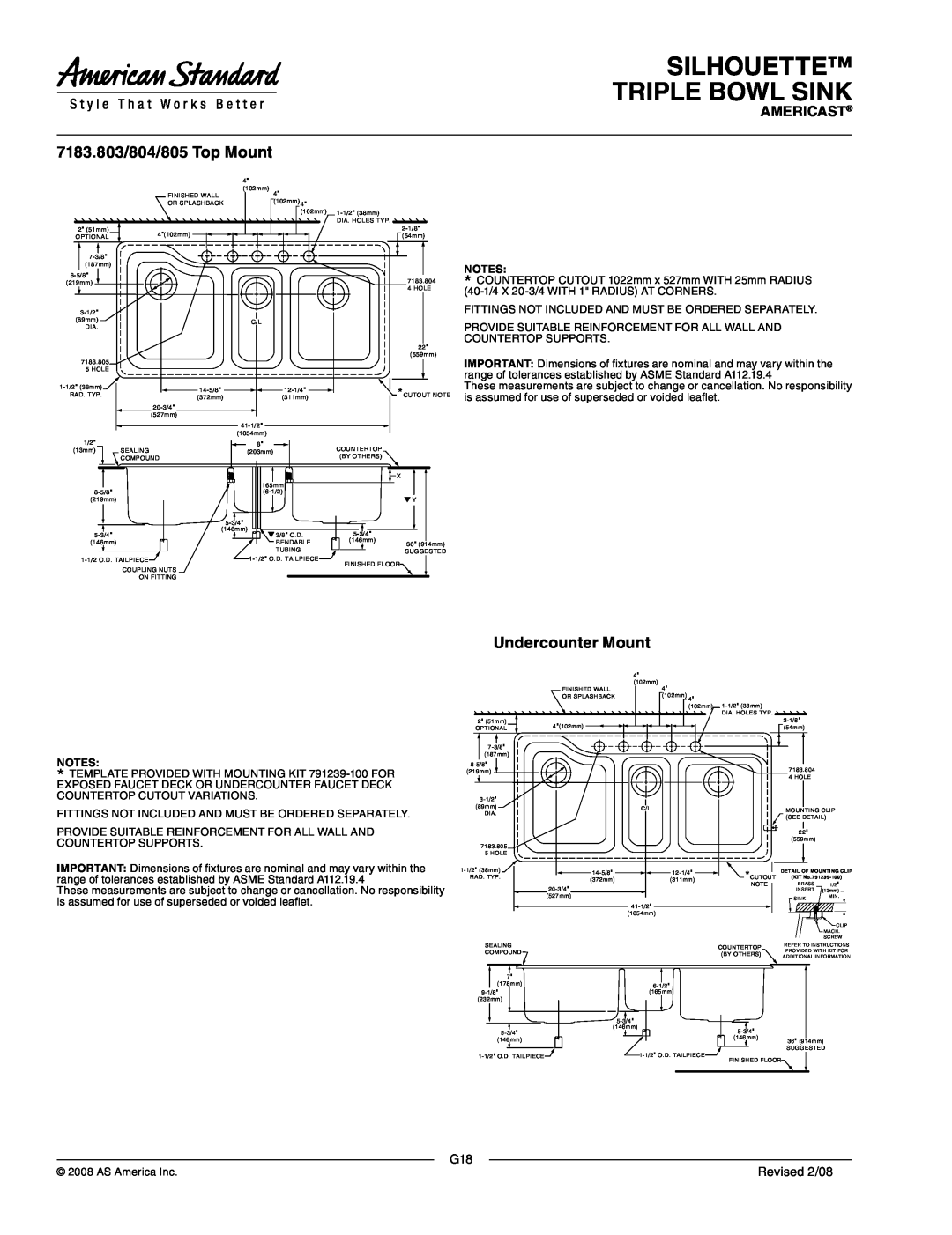 American Standard 7183.805, 7183.801, 7183.804, 7183.803 dimensions Silhouette Triple Bowl Sink, Americast, Revised 2/08 